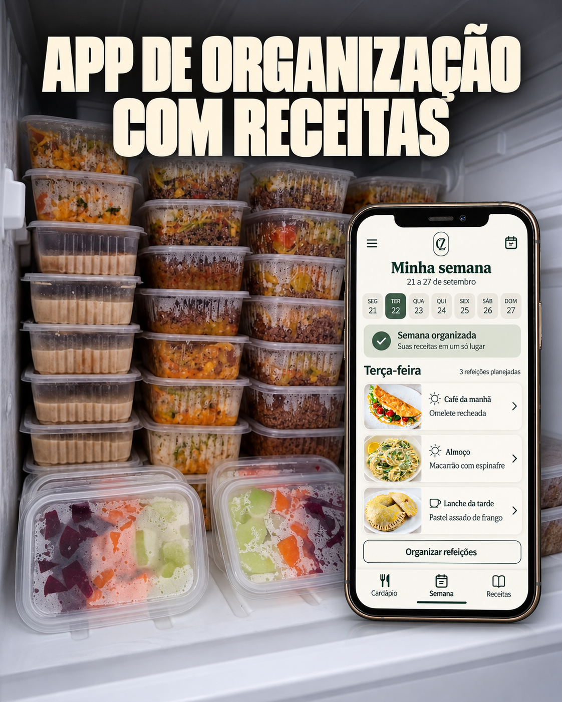 Aplicativo NutriSabor com cardápio semanal na tela do celular